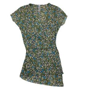 Lucy+Fiona Asymmetrical Artsy Geo Print Mesh Faux Wrap Top Women's Size Medium